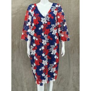 Eloquii Dress Womens Plus 20 Red White Blue Floral Lace‎ Shift V-Neck Patriotic
